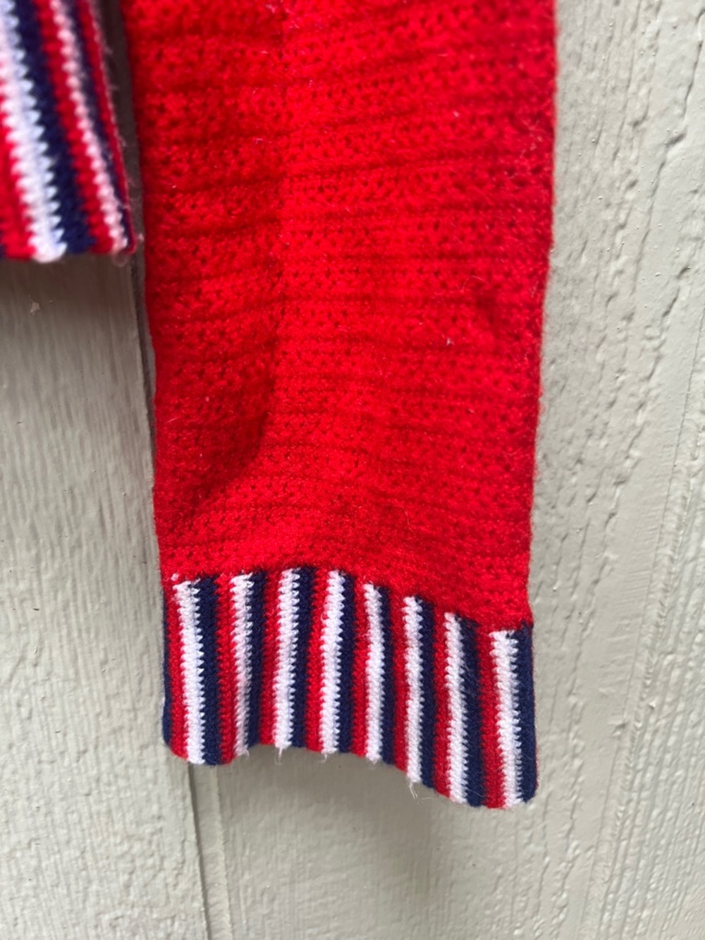 Vintage Red Button-Up Sweater with Striped Trim - Picture 3 of 6